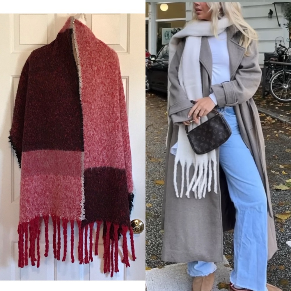 Steve Madden red/black/ivory fuzzy tassel blanket scarf 21” x 88”